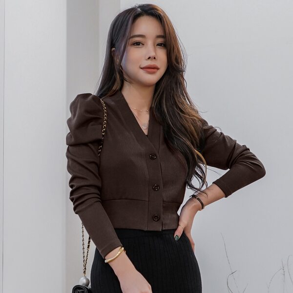 

Gigot Sleeve Button Front Crop Top, Coffee brown