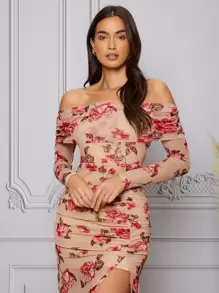 Modelyn Floral Print Off Shoulder Split Thigh Mesh Dress - Multicolor - View 4