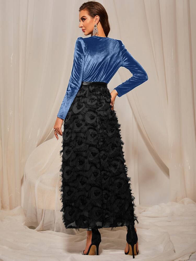 Velvet Belted Fuzzy A-line Dress - Multicolor - View 2