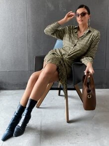 Đầm Thắt nơ trước Nút phía trước Tất cả trên in Thanh lịch - Nhiều màu - Xem 3