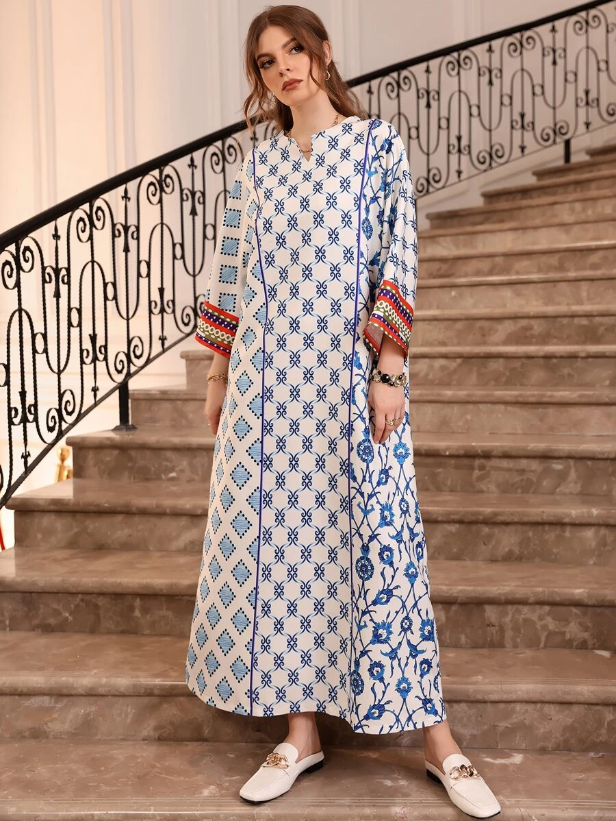 Al Najma Scroll & Floral Print Notched Neck Contrast Piping Tunic Dress - Blue and White - View 1