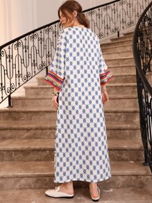 Al Najma Scroll & Floral Print Notched Neck Contrast Piping Tunic Dress - Blue and White - View 2