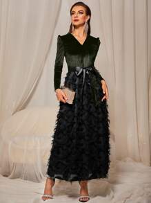 Velvet Belted Fuzzy A-line Dress - Multicolor - View 1