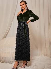 Velvet Belted Fuzzy A-line Dress - Multicolor - View 5