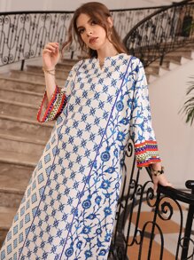 Al Najma Scroll & Floral Print Notched Neck Contrast Piping Tunic Dress - Blue and White - View 3
