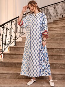 Al Najma Scroll & Floral Print Notched Neck Contrast Piping Tunic Dress - Blue and White - View 4