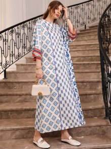 Al Najma Scroll & Floral Print Notched Neck Contrast Piping Tunic Dress - Blue and White - View 5