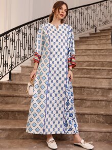 Al Najma Scroll & Floral Print Notched Neck Contrast Piping Tunic Dress - Blue and White - View 6