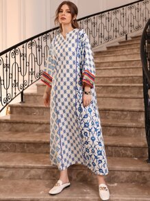 Al Najma Scroll & Floral Print Notched Neck Contrast Piping Tunic Dress - Blue and White - View 7