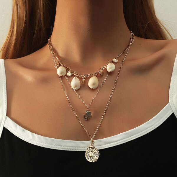 

Shell Charm Layered Necklace, Gold