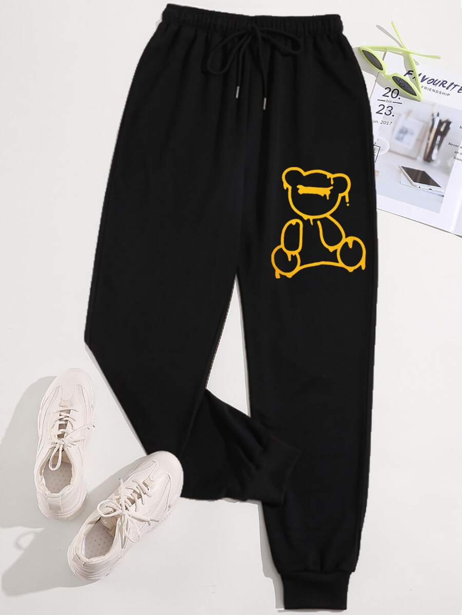 SHEIN Unity 小熊印花腰部抽繩衛褲 - 黑色 - 查看 1