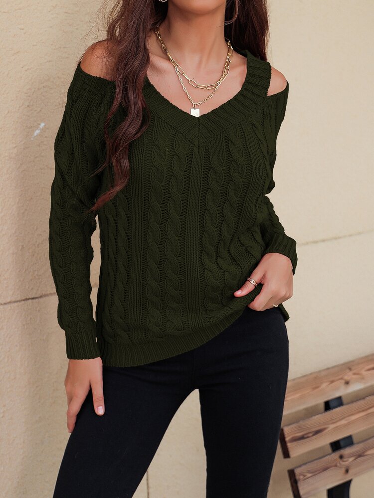 Chiquease Cable Knit V Neck Cutout Sweater - Dark Green - View 3