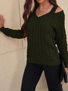 SHEIN Unity 麻花編織V領鏤空套頭毛衣 - 墨綠色 - 查看 4