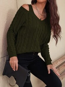 SHEIN Unity 麻花編織V領鏤空套頭毛衣 - 墨綠色 - 查看 6