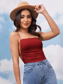 SHEIN BAE Áo liền quần ôm nữ Lộ Lưng Hội Chữ thập Ren lên màu trơn Gợi cảm - Màu Đỏ Sâu - Xem 2