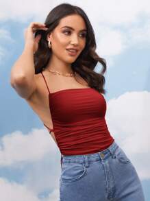 SHEIN BAE Áo liền quần ôm nữ Lộ Lưng Hội Chữ thập Ren lên màu trơn Gợi cảm - Màu Đỏ Sâu - Xem 3