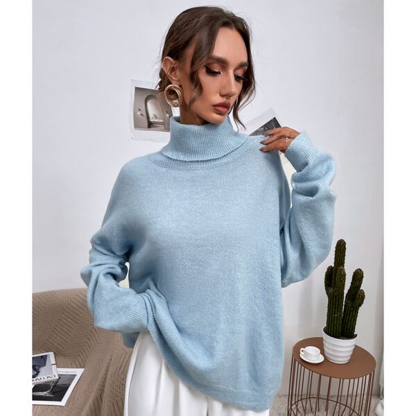 

Marled Knit Cut Out Back Turtleneck Drop Shoulder Sweater, Baby blue