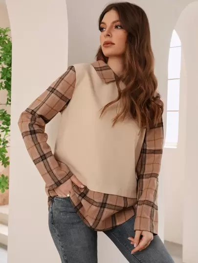 Seusyu 格子印花二合一衬衫，长袖上衣