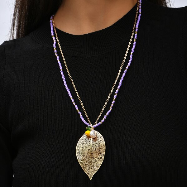 

Leaf Charm Layered Necklace, Multicolor
