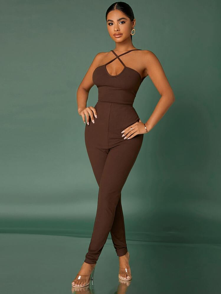 SHEIN SXY Criss Cross Tie Back Backless Ribbed Knit Jumpsuit