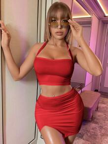 素色露背繞頸短上衣和開叉迷你半身裙 - 紅色 - 查看 1