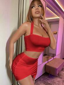 素色露背繞頸短上衣和開叉迷你半身裙 - 紅色 - 查看 3