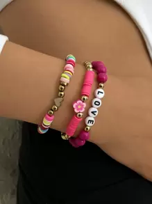 3 piezas Pulsera con cuenta con diseño de flor y letra - Rosa Fucsia - Ver 1