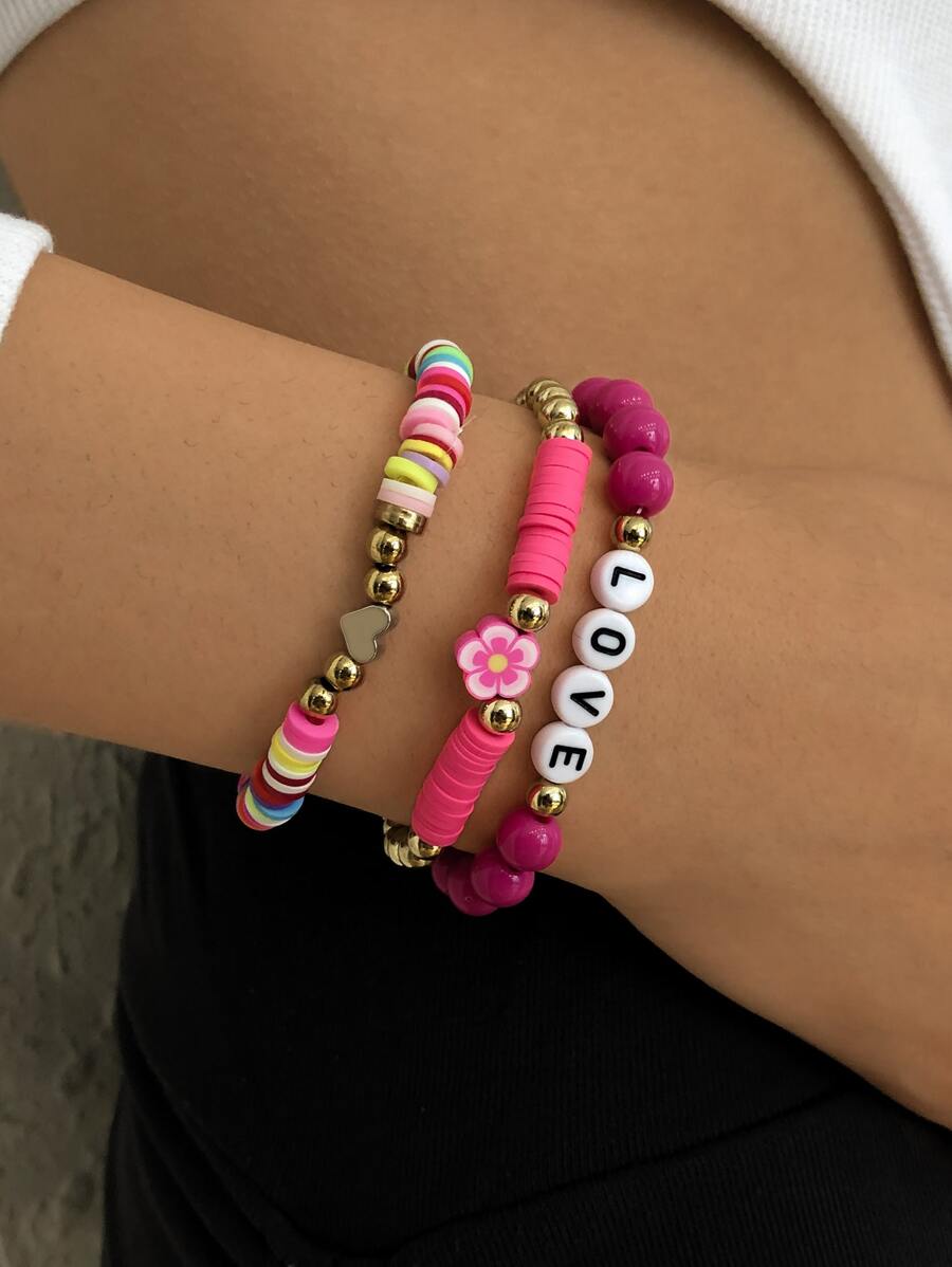 3 piezas Pulsera con cuenta con diseño de flor y letra - Rosa Fucsia - Ver 1