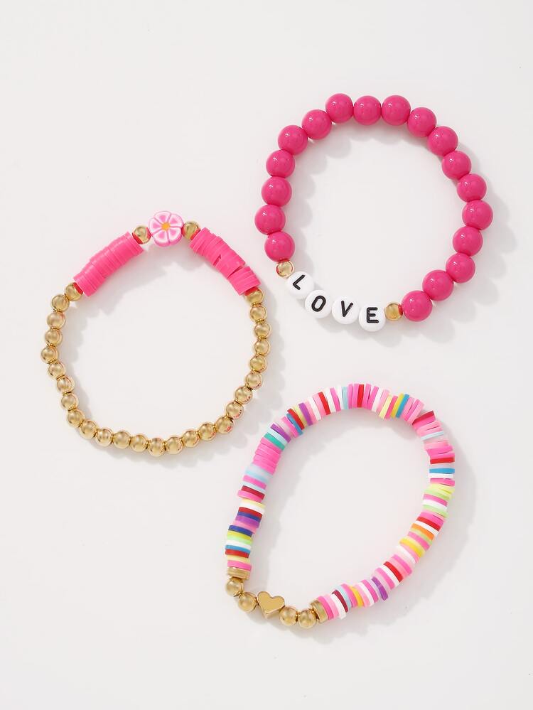 3 piezas Pulsera con cuenta con diseño de flor y letra - Rosa Fucsia - Añade 2