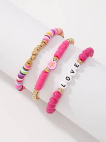 3 piezas Pulsera con cuenta con diseño de flor y letra - Rosa Fucsia - Ver 3