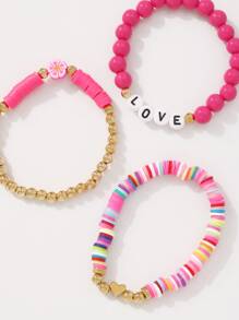 3 piezas Pulsera con cuenta con diseño de flor y letra - Rosa Fucsia - Ver 5