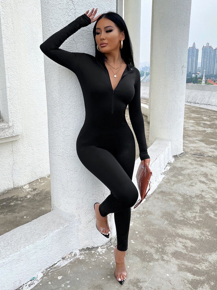 Jumpsuit unitard con cremallera media - Negro - Añade 1