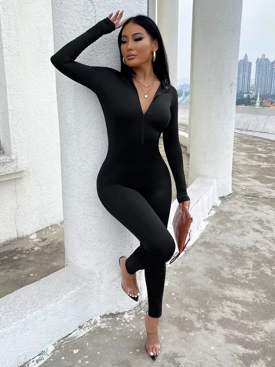 Half Zip Unitard Jumpsuit - Black - View 1