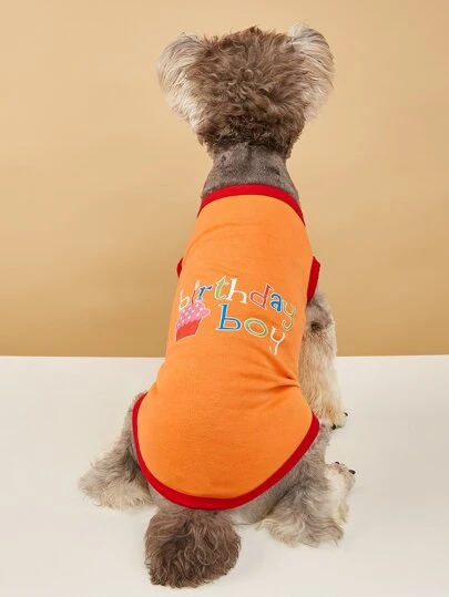 Sleeveless Pet Dog/Cat Vest With Cake & Happy Birthday English Print, Spring/Summer