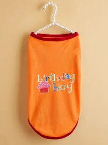 无袖宠物背心，印有蛋糕和生日快乐英文图案，适合春夏穿着，适用于狗狗/猫咪。 - 橘色 - 查看 3