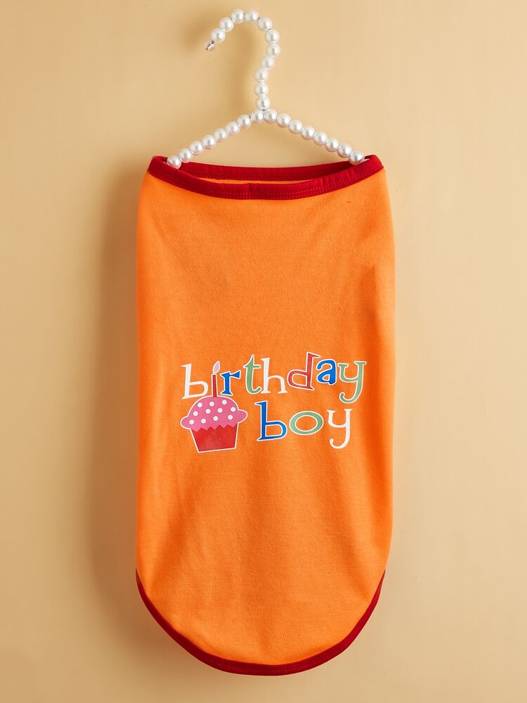 无袖宠物背心，印有蛋糕和生日快乐英文图案，适合春夏穿着，适用于狗狗/猫咪。 - 橘色 - 查看 3