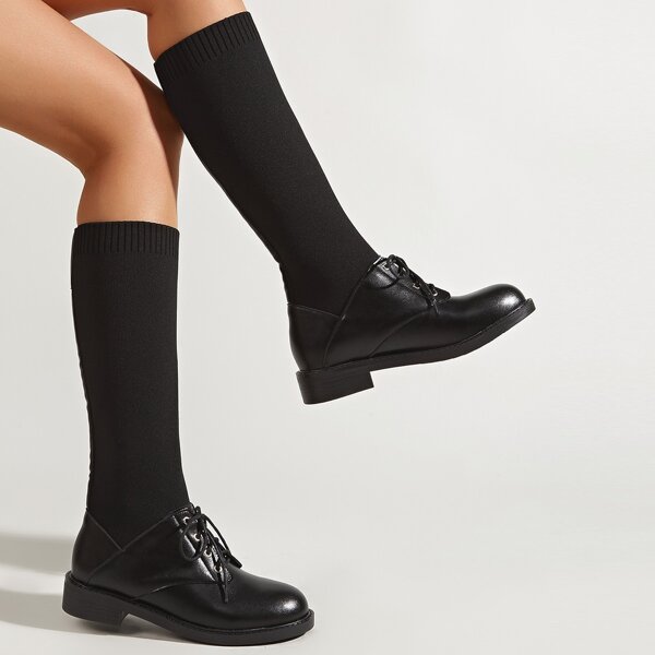

Minimalist Lace-up Front Sock Boots, Black