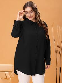 Mulvari Plus Button Front High Low Blouse Fall Cloth For Women - Black - View 1