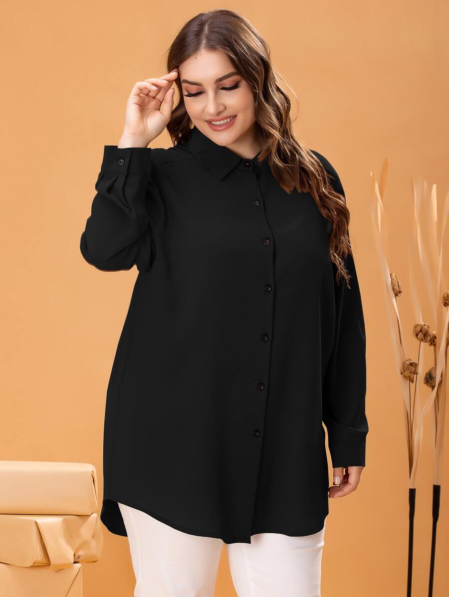 Mulvari Plus Button Front High Low Blouse Fall Cloth For Women - Black - View 1