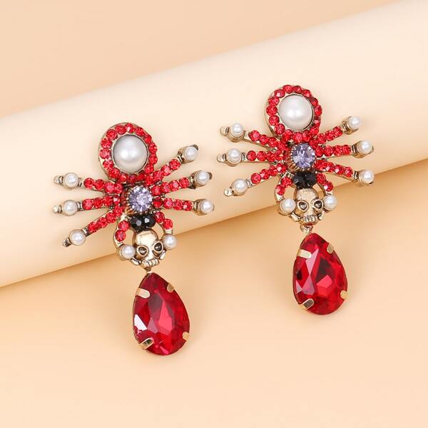 

Rhinestone Spider Decor Drop Earrings, Red