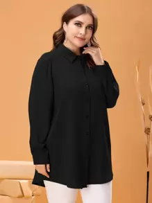 Mulvari Plus Button Front High Low Blouse Fall Cloth For Women - Black - View 3