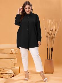 Mulvari Plus Button Front High Low Blouse Fall Cloth For Women - Black - View 4