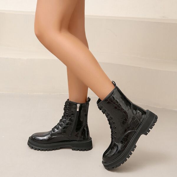 

Crocodile Embossed Lace Up Design Side Zipper Combat Boots, Black