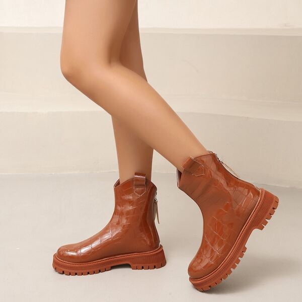 

Crocodile Embossed Back Zipper Classic Boots, Rust brown