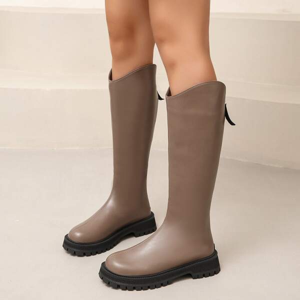 

Minimalist Back Zipper Riding Boots, Beige