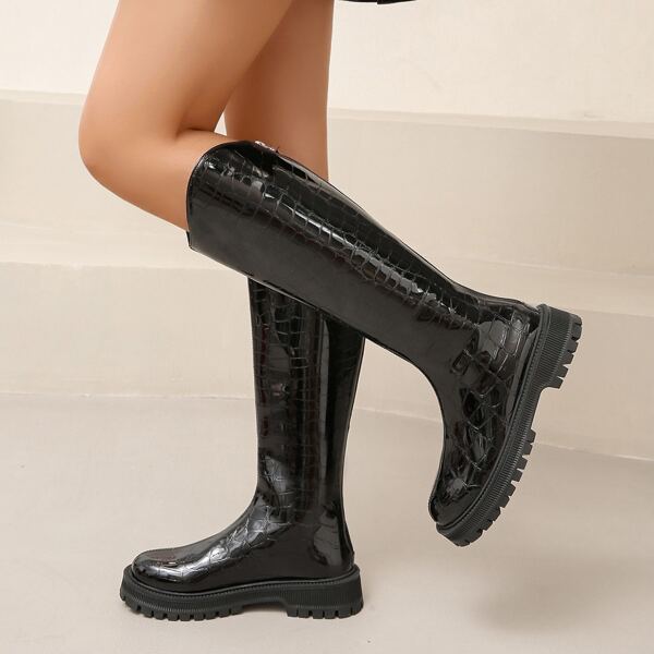 

Crocodile Embossed Back Zipper Riding Boots, Black