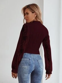 SHEIN LUNE Contrast Lace Cable Knit Jumper - Burgundy - View 2