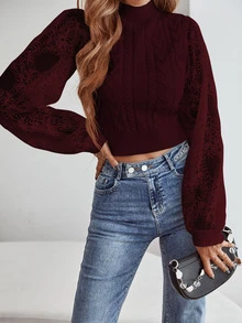 SHEIN LUNE Contrast Lace Cable Knit Jumper - Burgundy - View 4