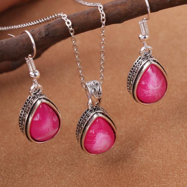 

3pcs Water Drop Decor Jewelry Set, Hot pink