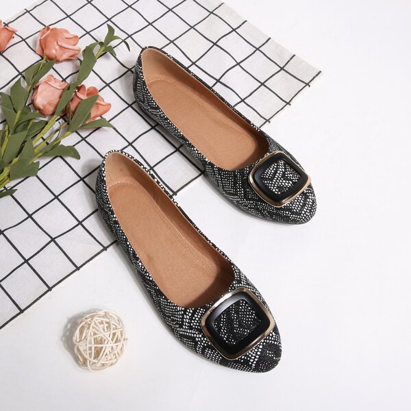 

Metal Decor Snakeskin Print Ballet Flats, Black